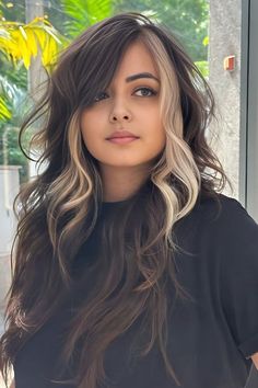 Wavy Wolf Cut With Side Bangs Shag Hairstyles Side Part, Curly Hair Peekaboo Highlights, Side Part Wolfcut, Color Block Curtain Bangs, Wolf Cut With Long Bangs, Long Hair Color Ideas For Brunettes, Wolf Cut With Side Part, Cow Lick Hairstyles, Side Parting Bangs