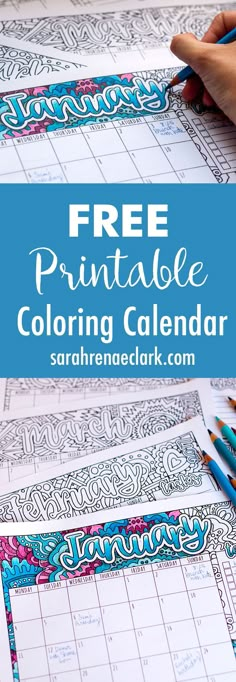 the free printable coloring calendar is shown with markers and pencils in front of it