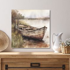 a painting of a boat sitting on top of a wooden table next to a vase