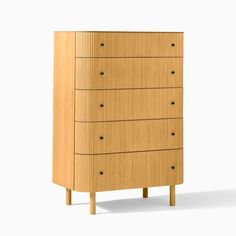 a wooden dresser with five drawers on one side and two legs, in front of a white background