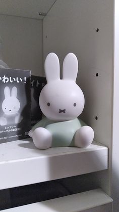 a small white rabbit sitting on top of a shelf next to a black and white book