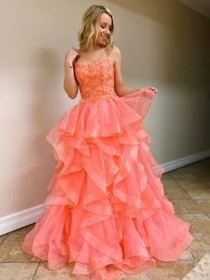 Silhouette:?A Line Waist: Natural Sleeve Length: Sleeveless Fabric: Tulle Shown Color:?Coral Built-In Bra: Yes Coral Prom Dresses, Backless Lace Top, Layered Prom Dress, Coral Prom Dress, Prom Dresses Long Pink, Formal Ball Gown, Long Prom Gowns, Beaded Prom Dress, Custom Size Dresses