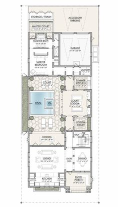 the floor plan for a house with two levels and an indoor swimming pool in the middle