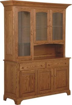 a wooden hutch with glass doors and drawers