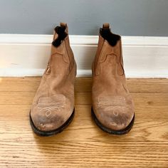 Brown Calf Leather Golden Goose Ankle Boots With Intentional Distressing Throughout And Stacked Heels. Pull-Tab At The Heel, Pointed Toes, And Low Block Heel. Heels: 1.75" Very Good Worn Condition. Golden Goose Boots, Ankle Cowboy Boots, Golden Goose Shoes, Low Block Heels, Golden Goose, Pull Tab, Stacked Heel, Tan Brown, Cowboy Boots