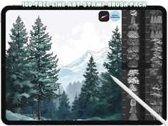 a drawing board with trees and mountains in the background, along with a brush pack