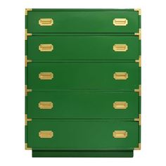 a green chest of drawers with gold handles