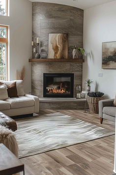 40 Cozy Corner Fireplace Ideas for a Relaxing Space Tv Wall Design With Corner Fireplace, Short Wall Corner Fireplace, Harth Fireplace Ideas Corner, Corner Gas Fireplace The Home Depot, Corner Fireplace Layout, Corner Fireplace 2 Story Great Room, Corner Fireplace Living Room, Corner Gas Fireplace