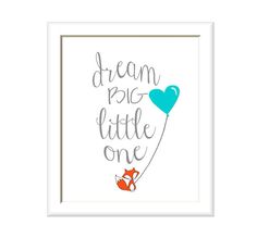 a framed print with the words dream pig little one and a fox holding a heart shaped balloon