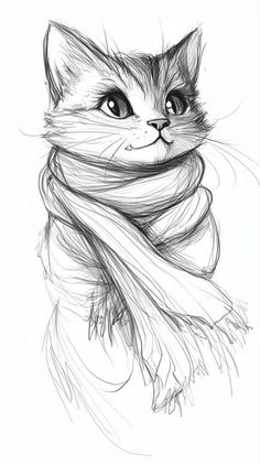 a drawing of a cat wearing a scarf