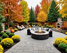 an outdoor fire pit surrounded by landscaping and trees with fall foliages in the background