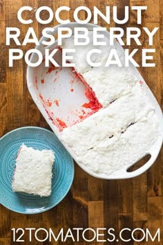 coconut raspberry poke cake on a blue plate