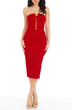 A quietly stunning dress gets straight to the point with a fitted silhouette and a deeply dipped neckline. 38" front length; 36" back length (size Medium) Strapless Plunge neck with illusion lace panel Partially Lined 96% polyester, 4% spandex Hand wash, dry flat Imported Theatrical Romantic, Romantic Colors, Dresses 2023, True Red, Lace Panelled, Fabric Gifts, Free Fabric, Classy Women, Fitted Silhouette