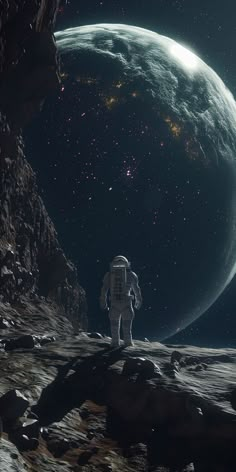 an astronaut standing on the moon looking at something in the distance, with another planet in the background