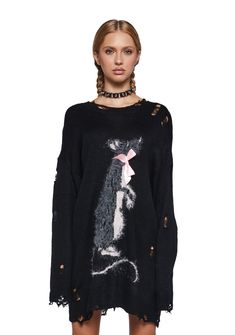 This sweater has a knit construction with a distressed design, a front intarsia rat graphic adorned with faux mohair, a satin bow applique, and an oversized fit. Newspaper Sweater, Current Mood Clothing, Colorwork Chart, Intarsia Sweater, Bow Applique, Knit Sweaters, Current Mood, Satin Bow, Dolls Kill