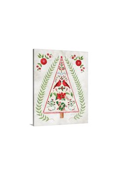 a christmas tree with red birds and holly leaves on white background canvas wall art print