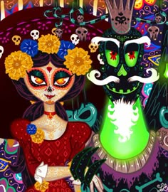 a painting of a woman with flowers in her hair next to a cat and skull