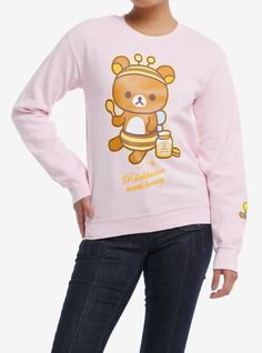 Rilakkuma is a busy bee! This crewneck sweatshirt shows the lovable bear wearing a honey bee outfit with a jar of honey next to him. There is text below and on the back reading "Rilakkuma Meets Honey."50% cotton; 50% polyesterWash cold; dry lowImportedListed in junior sizesModel is 5'9"Model wears size Small Bee Outfit, Jar Of Honey, Disney Valentines, Girls Sweatshirt, Tall Hoodies, Plus Size Fits, Busy Bee, Rilakkuma, Socks And Tights