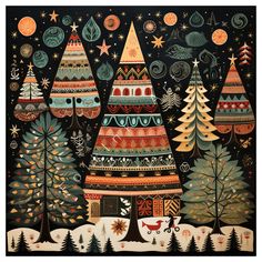 a painting of christmas trees with stars and snowflakes on the top, in front of a black background