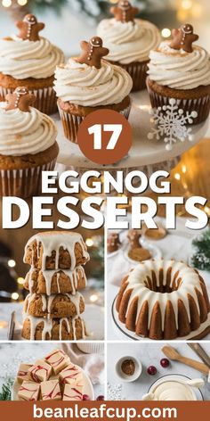 eggnog desserts with frosting and icing are shown in this collage