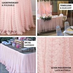 the table is covered in pink lace and has flowers on it, along with other details