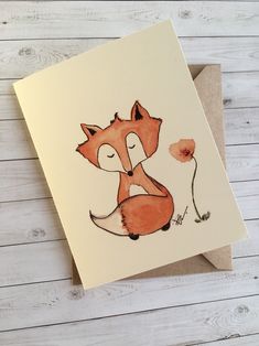 a card with a drawing of a fox on it's face and flowers in the background