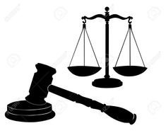 a black and white silhouette of a judge's hammer and scale on a white background