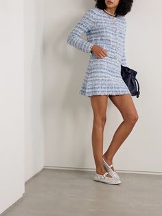 Not only does LoveShackFancy's 'Eunicette' mini skirt perfectly match the 'Spindle' jacket, but the tonal-blue and white checked motif will also look great with a neutral blouse or a sharp blazer. It's made from soft, lightweight tweed that's flecked with metallic threads and has an A-line shape. Layer Skirt Outfit, Neutral Blouse, Neutral Blouses, Mini Wrap Skirt, Layer Skirt, Chiffon Maxi Skirt, Latest Skirts, Wool Mini Skirt, Tweed Mini Skirt