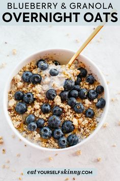 blueberry and granola overnight oats in a white bowl