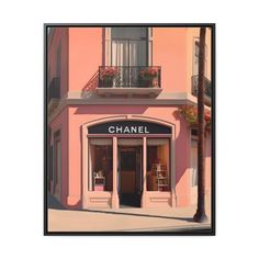 a painting of a chanel store on the corner of a street in front of a pink building