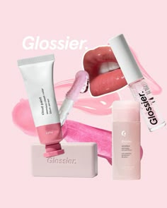 such a fun graphic design project! I created this mockup for some of my favorite pink glossier products 🌸💕🎀 Graphic Design Products Branding, Social Media Product Photography, Make Up Graphic Design, Makeup Social Media Design, Beauty Design Graphic, Makeup Creative Ads, Beauty Ads Design, Makeup Graphic Design, Product Promotion Design