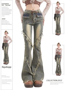 Flare denim pants with a fringe finish that makes them stand out.

The high waist makes it a great match with short tops.

The overall silhouette is easy to decide, and the long length makes it an atmospheric outfit.
◾️Model
Height/Weight：160cm(62.9in)/45kg(99.2lb)
Fitting Size：M



Size (cm)
Length
Waist
Hip


S
107
62
76


M
107
65
79


L
108
68
82


XL
108
71
85 Blue Jeans For Women, Vestiti In Jeans, White High Waisted Jeans, White Cargo Pants, Jeans Streetwear, Flared Denim, Low Rise Flare Jeans, High Waisted Jeans, Cargo Pants Women