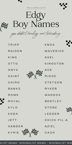 a poster with the names and numbers for each race car, including two checkered flags