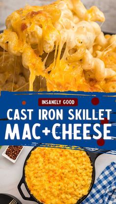 cast iron skillet mac and cheese with text overlay