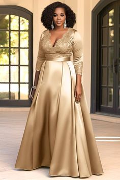 Xpluswear Design Plus Size Evening Gowns Green V Neck 3/4 Sleeve Contrast Satin Maxi Dresses - Xpluswear A-line V-neck Floor-length Chiffon Lace Mother Of The Bride Dress, Christmas Formal Dress Plus Size, Modest Glam Dresses, Quince Mom Dress Evening Gowns, Satin Evening Dress With Sleeves, Evening Gown For Plus Size, Beige Mother Of The Bride Dress, Formal Plus Size Dresses Gowns, Mother Of The Bride Dresses Black Women