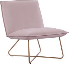 a pink chair with gold legs and a white back drop down to the seat that has a cushion on it