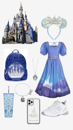 a set of items including a backpack, purse, and other things to wear in front of a castle