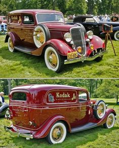 two pictures of an old car on display at a car show, one is red and the other is brown