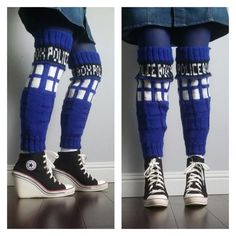 Digital pattern for Police Box/Tardis styled Thigh High Leg Warmers- a perfect item for the Dr. Who lover! The pattern includes charts and is intermediate in difficulty due to the fair isle knitting technique. This is also knit in the round so it is seamless. It is a pretty quick Doctor Who Crochet, Thigh High Leg Warmers, Leg Warmers Pattern, Knitted Stuff, Christmas Crafty, Knitted Items, Police Box, Knitting Gauge, Quick Knits