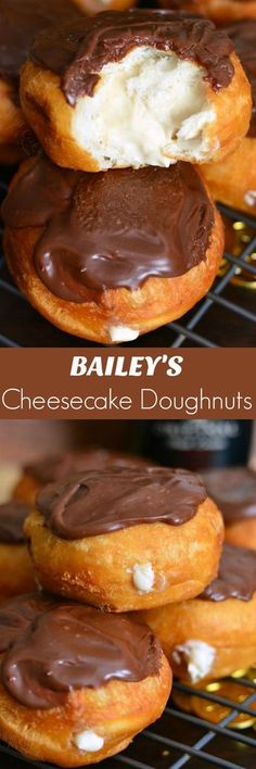 chocolate covered doughnuts are stacked on top of each other with the words bailey's cheesecake doughnuts