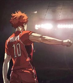 an anime character pointing at something in the air with his right arm stretched out,