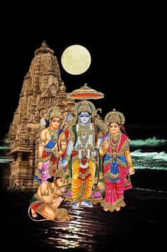 an image of hindu deities in front of a full moon