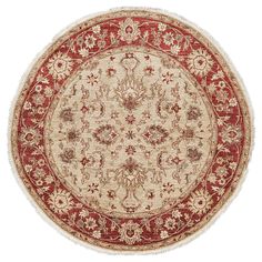 a round rug with red and beige colors