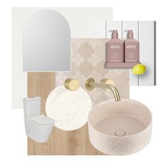 the bathroom is decorated in neutral colors and features marble, wood, and brass fixtures