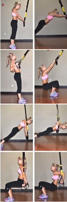 the woman is doing exercises on her legs with a resistance band while holding onto a pole