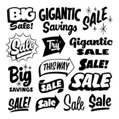 black and white sale signs are shown in different styles, including one for the sale