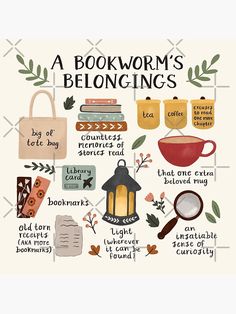 a bookworm's belonging poster with books, coffee mugs and other items