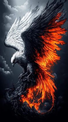 an eagle flying through the air on fire