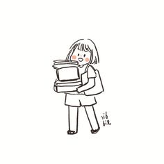 a drawing of a girl holding a stack of books