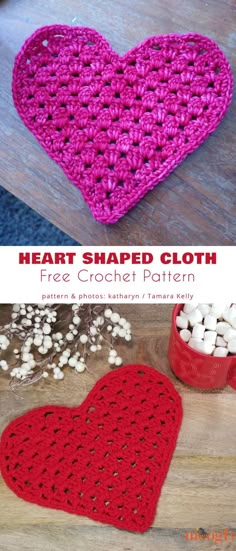 a crocheted heart shaped cloth is shown with marshmallows